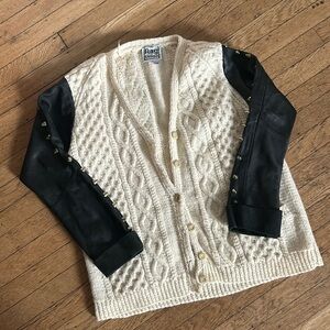Tumblr Grunge Genuine Leather Sleeve Heavy Knit Studded Cardigan